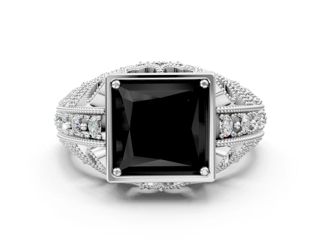 Platinum Fancy Black Princess Cut Brilliant Milgrain Filigree Diamond Ring with Square Prong Setting_6