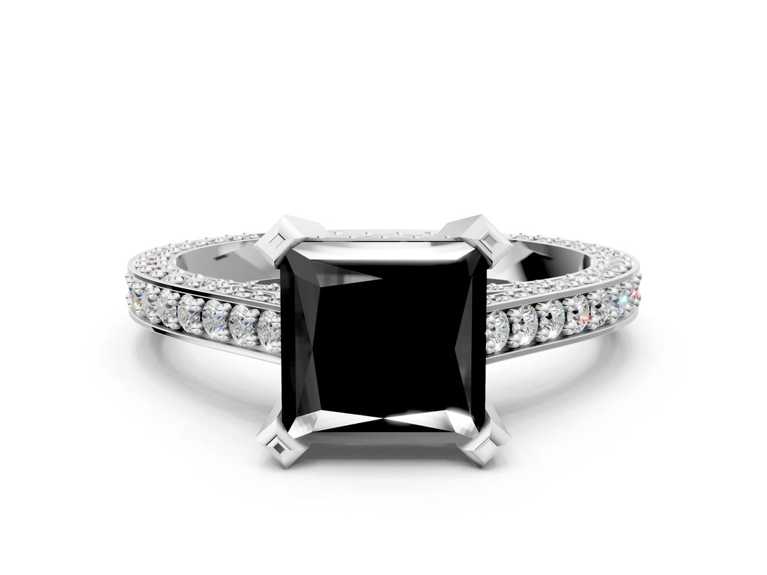 Platinum Fancy Black Princess Cut Brilliant Split Shank Pave Solitaire Ring with Four-Prong Setting_12