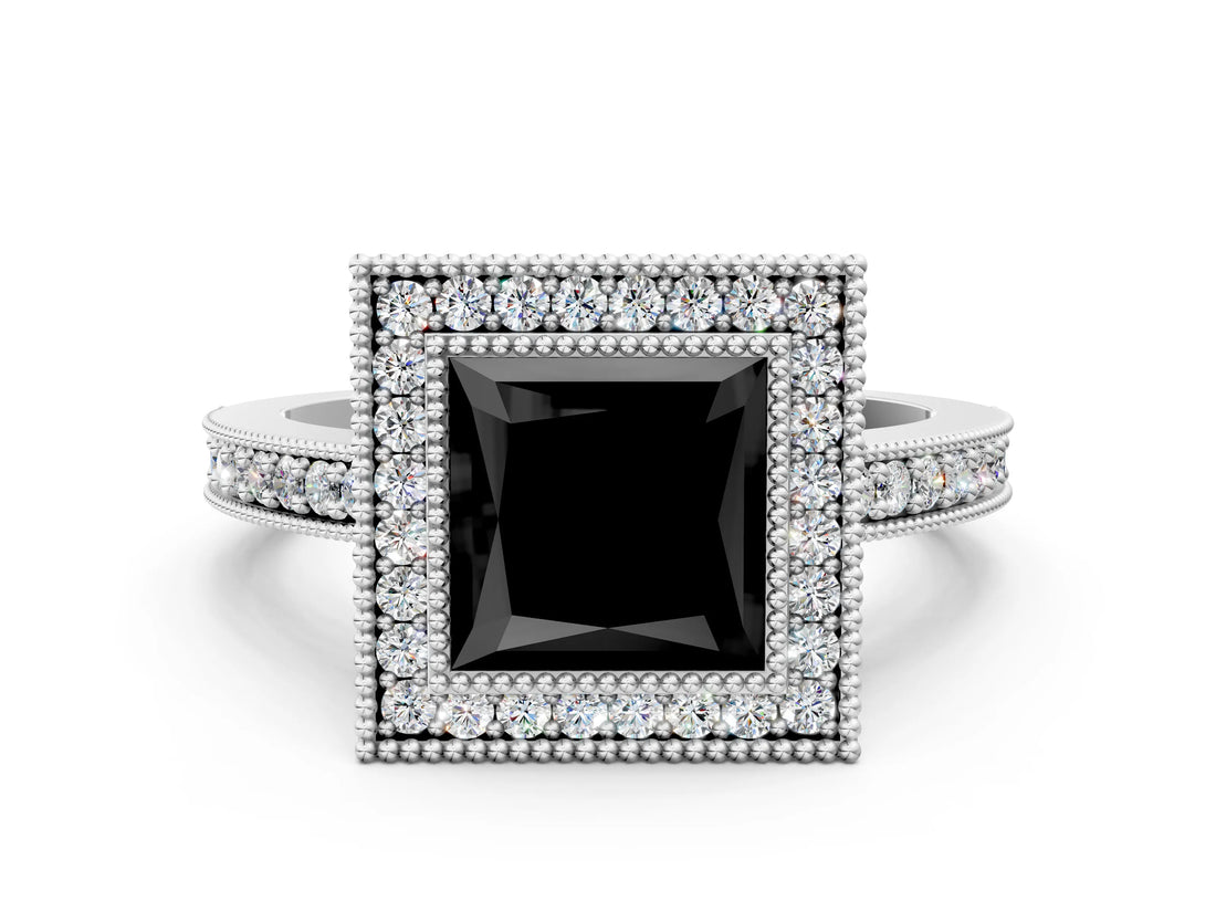 Platinum Fancy Black Princess Cut-Cut Diamond Halo Engagement Ring with Pave Band and Prong Setting_12
