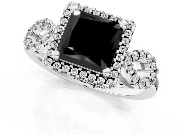 Platinum Princess Cut Pave Infinity Halo Engagement Ring Setting for Black Center