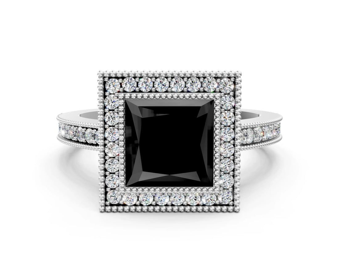 Platinum Fancy Black Princess Cut Cut Halo Pavé Diamond Ring_12