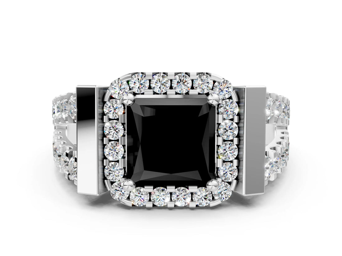 Platinum Fancy Black Princess Cut Cut Halo Split Shank Prong Set Ring_6