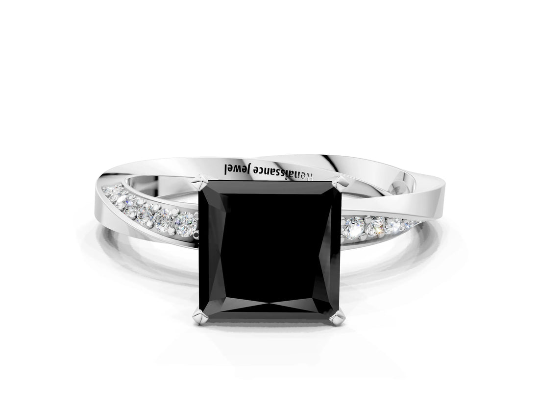 Platinum Fancy Black Princess Cut Diamond Engagement Ring with Side Stone Accents and Four-Prong Setting_12
