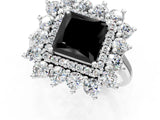 Platinum Fancy Black Princess Cut Diamond Floral Double Halo Engagement Ring with Prong Setting_145