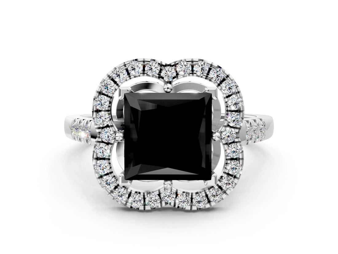 Platinum Fancy Black Princess Cut Diamond Floral Halo Split Shank Prong Setting Ring_6