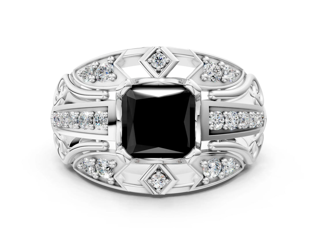 Platinum Fancy Black Princess Cut Diamond Pave Art Deco Split Shank Ring with Four-Prong Setting_6