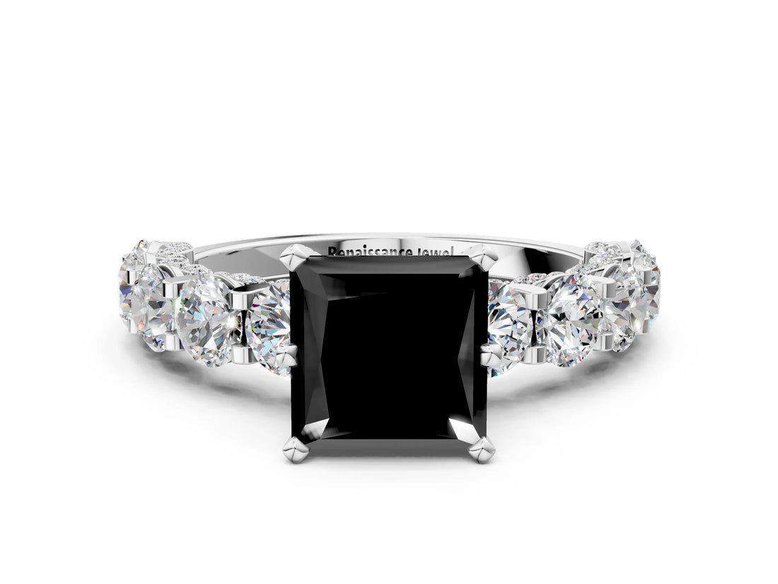 Platinum Fancy Black Princess Cut Diamond Side Stone Engagement Ring with Four-Prong Setting