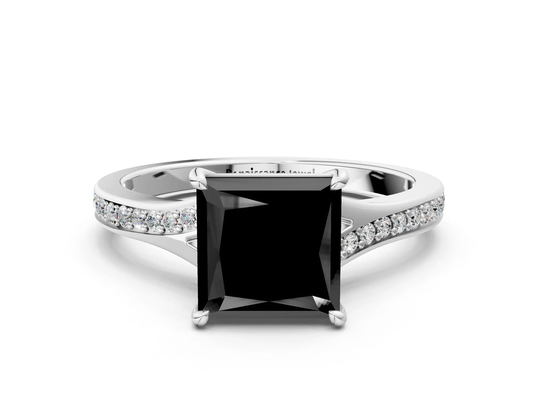 Platinum Fancy Black Princess Cut Diamond Solitaire Ring with Pavé Band and Prong Setting_12