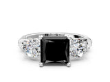 Platinum Fancy Black Princess Cut Diamond Three-Stone Ring with Prong Setting and Pavé Band_12