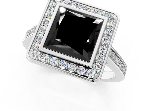 Platinum Fancy Black Princess Cut Halo Bezel Diamond Pave Band Ring