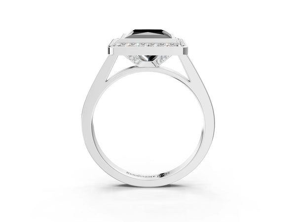 Platinum Fancy Black Princess Cut Halo Bezel Diamond Pave Band Ring