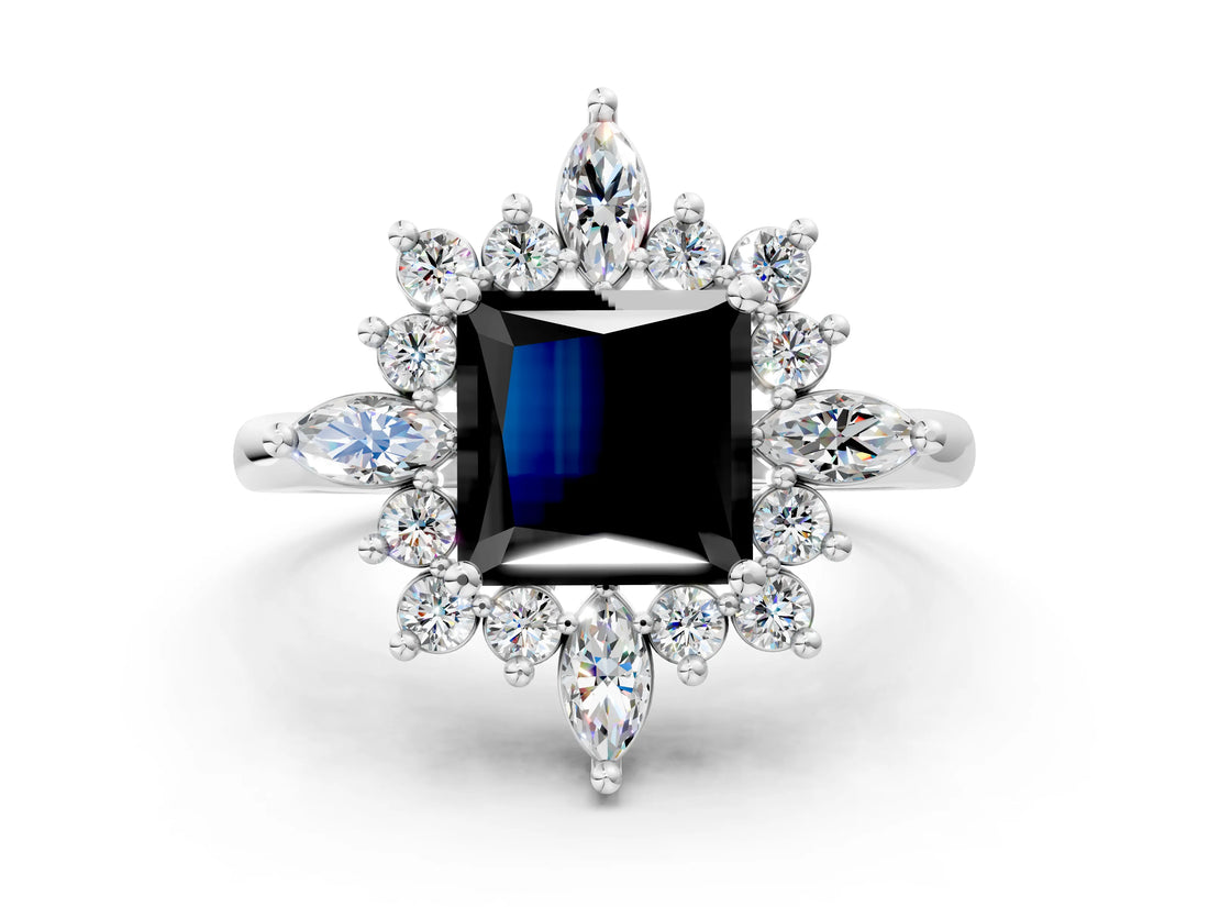Platinum Fancy Black Princess Cut Halo Diamond Cluster Ring with Marquise and Round Stones on a White Gold Band with Prong Setting