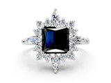 Platinum Fancy Black Princess Cut Halo Diamond Cluster Ring with Marquise and Round Stones on a White Gold Band with Prong Setting