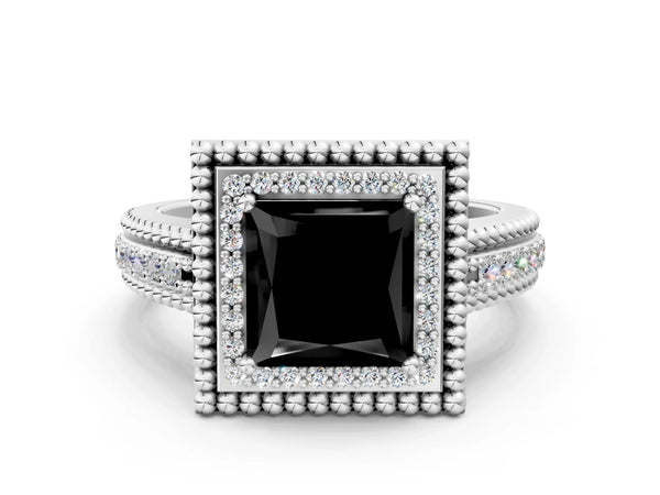 Platinum Princess Cut Beaded Halo Engagement Ring Setting for Black Center with Pave