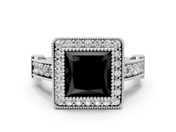 Platinum Princess Cut Vintage Bezel Halo Engagement Ring Setting for Black Center