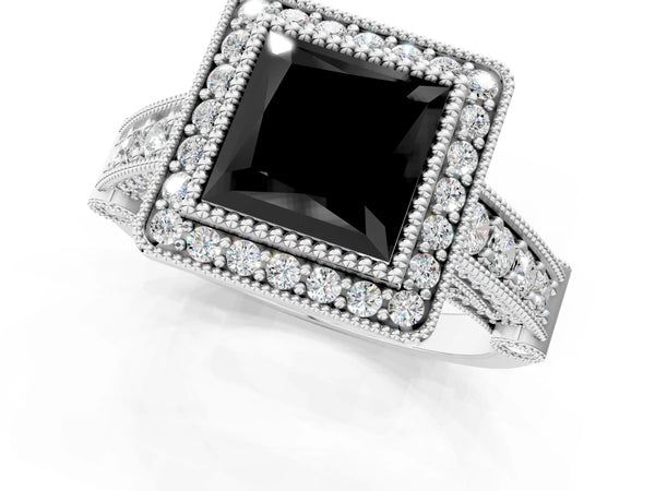 Platinum Princess Cut Vintage Bezel Halo Engagement Ring Setting for Black Center