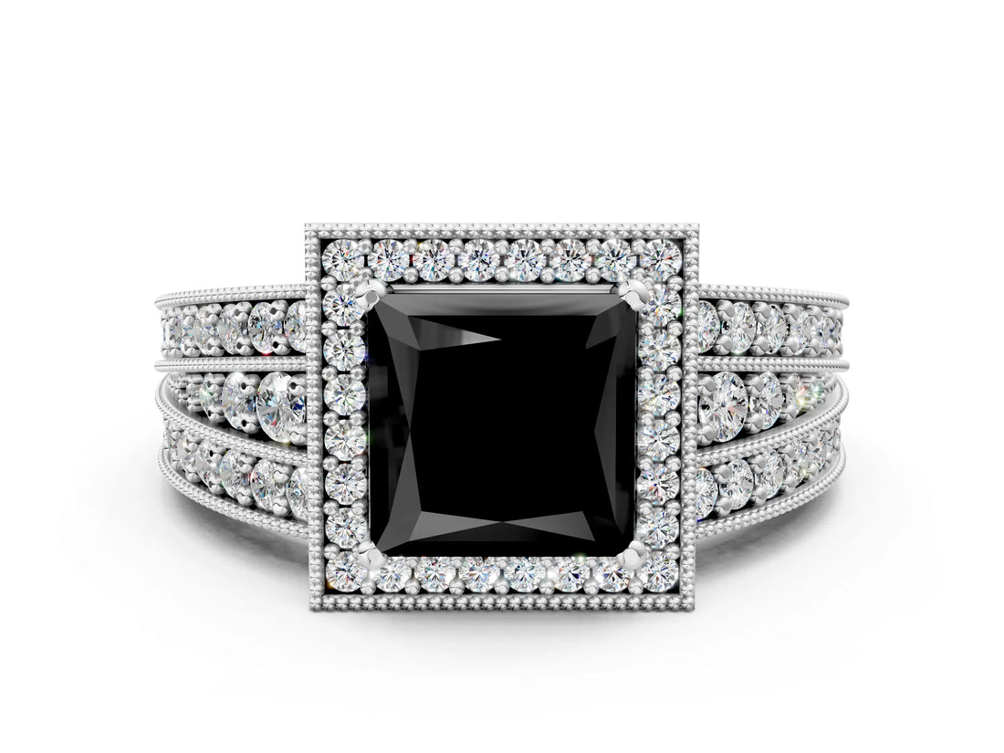Platinum Fancy Black Princess Cut Halo Diamond Split Shank Ring with Prong Setting_12