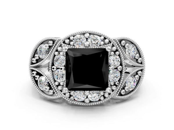 Platinum Fancy Black Princess Cut Halo Milgrain Diamond Engagement Ring with Leaf Band and Four-Prong Setting