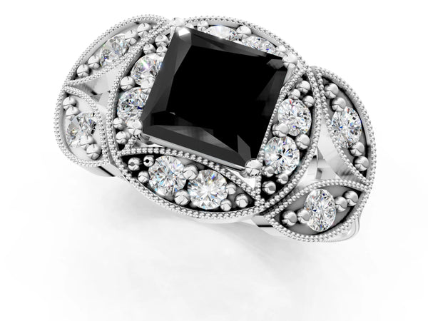 Platinum Fancy Black Princess Cut Halo Milgrain Diamond Engagement Ring with Leaf Band and Four-Prong Setting