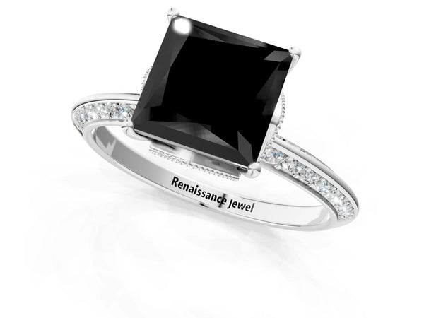 Platinum Princess Cut Graduated Pave Engagement Ring Setting for Black Center