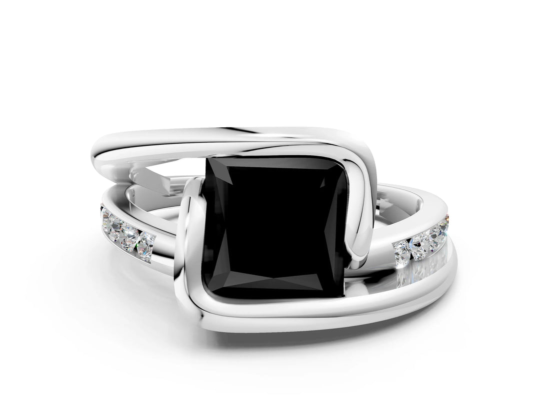 Platinum Fancy Black Princess Cut Solitaire Tension-Set Diamond Split Shank Ring_6
