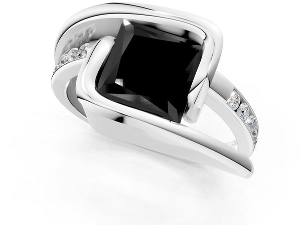 Platinum Fancy Black Princess Cut Solitaire Tension-Set Diamond Split Shank Ring
