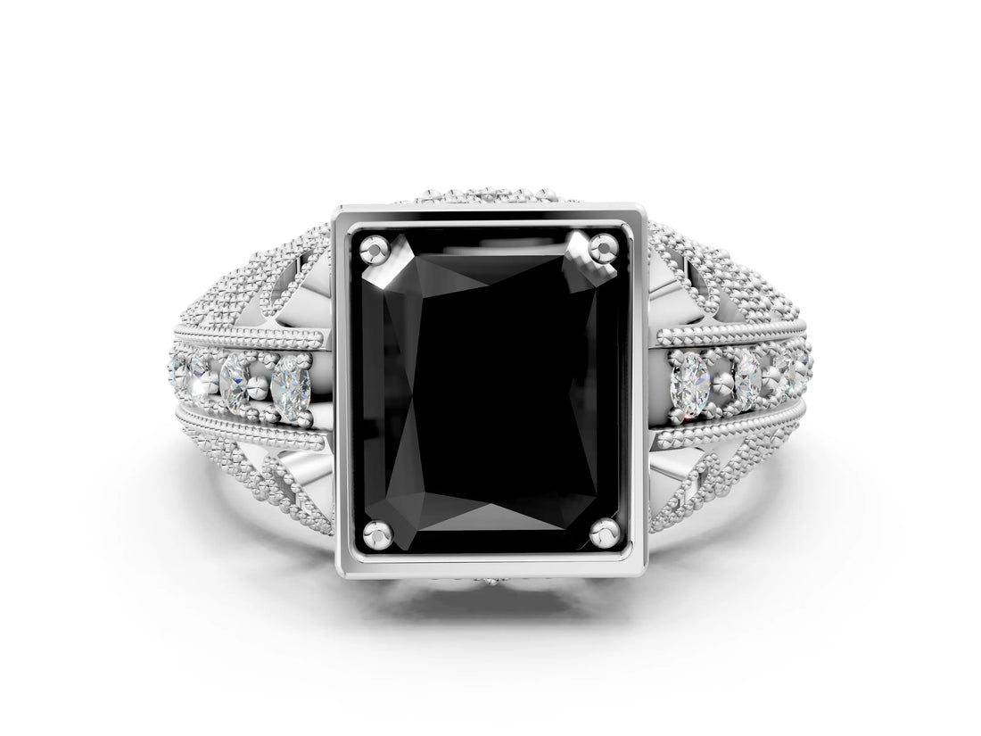 Platinum Fancy Black Radiant Cut Brilliant Milgrain Filigree Diamond Ring with Square Prong Setting_6