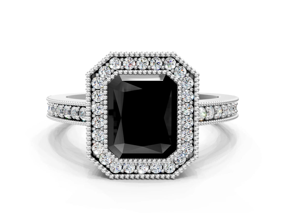 Platinum Fancy Black Radiant Cut-Cut Diamond Halo Engagement Ring with Pave Band and Prong Setting_12