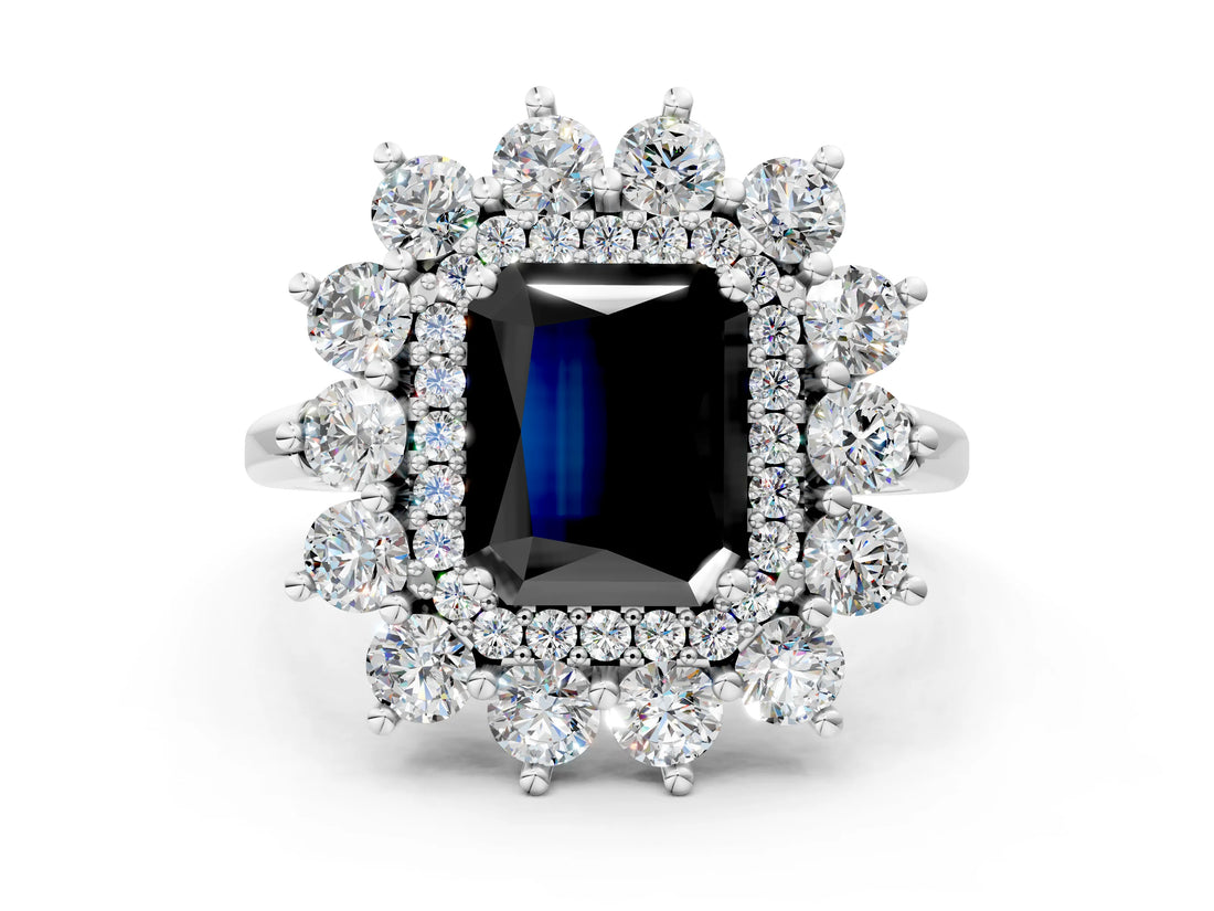 Platinum Fancy Black Radiant Cut Diamond Floral Double Halo Engagement Ring with Prong Setting_42