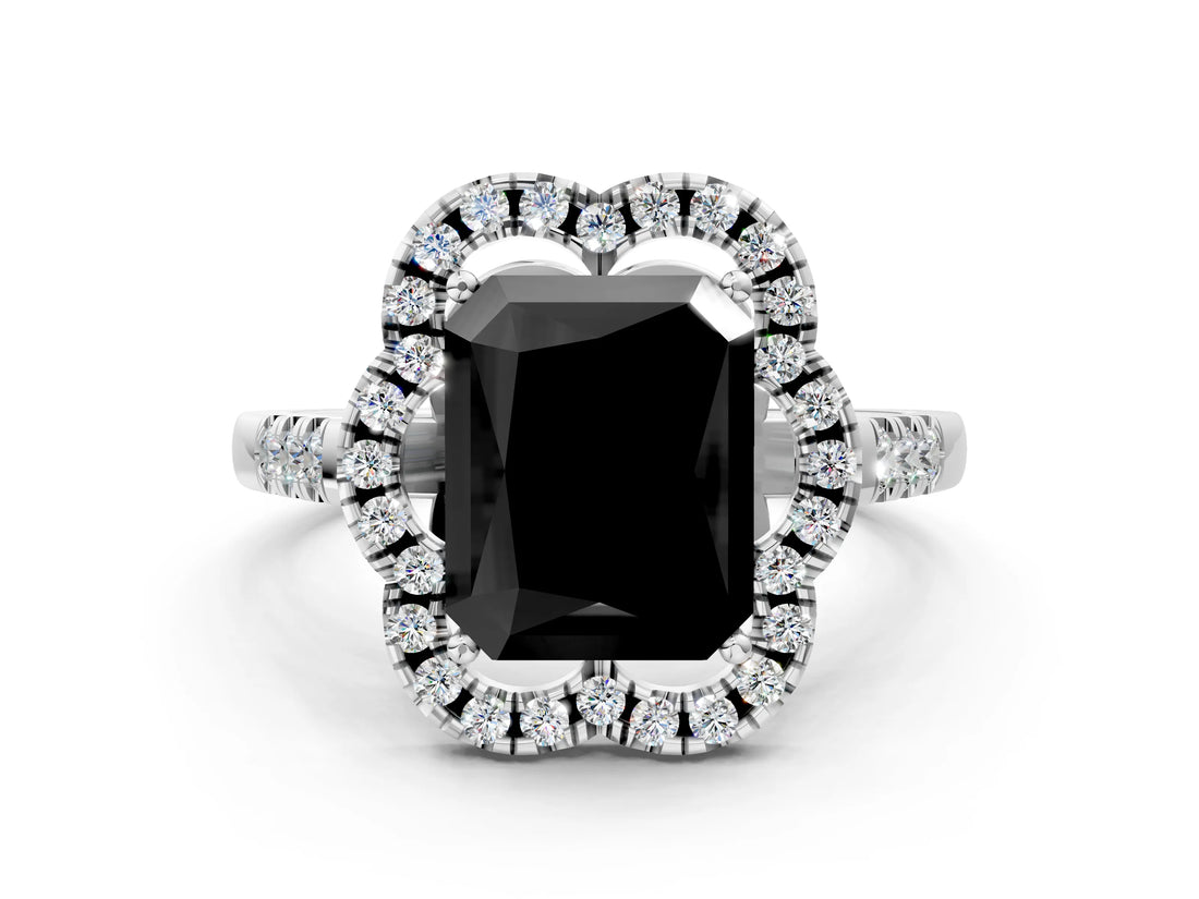 Platinum Fancy Black Radiant Cut Diamond Floral Halo Split Shank Prong Setting Ring_6