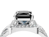 Platinum Fancy Black Radiant Cut Diamond Halo Ring with Split Shank and Bezel Accents and Four-Prong Setting_10