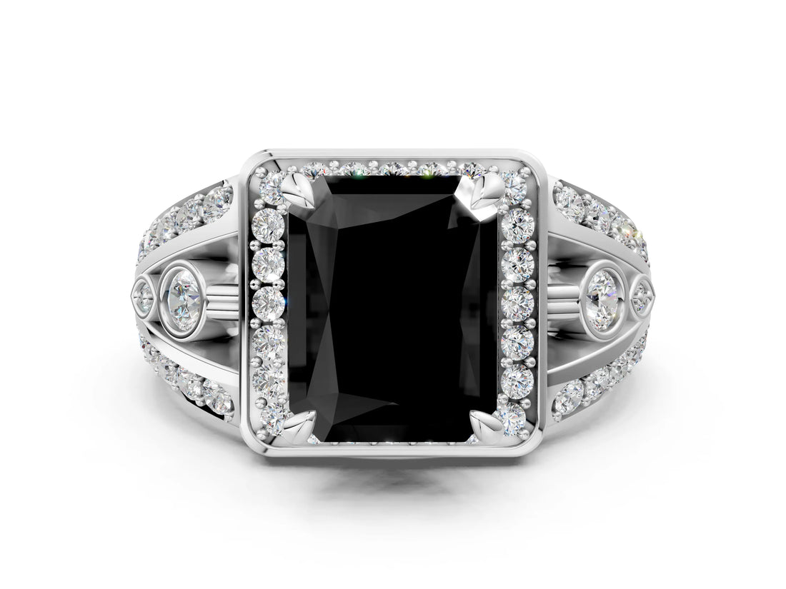 Platinum Fancy Black Radiant Cut Diamond Halo Ring with Split Shank and Bezel Accents and Four-Prong Setting_6