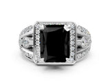 Platinum Fancy Black Radiant Cut Diamond Halo Ring with Split Shank and Bezel Accents and Four-Prong Setting_6