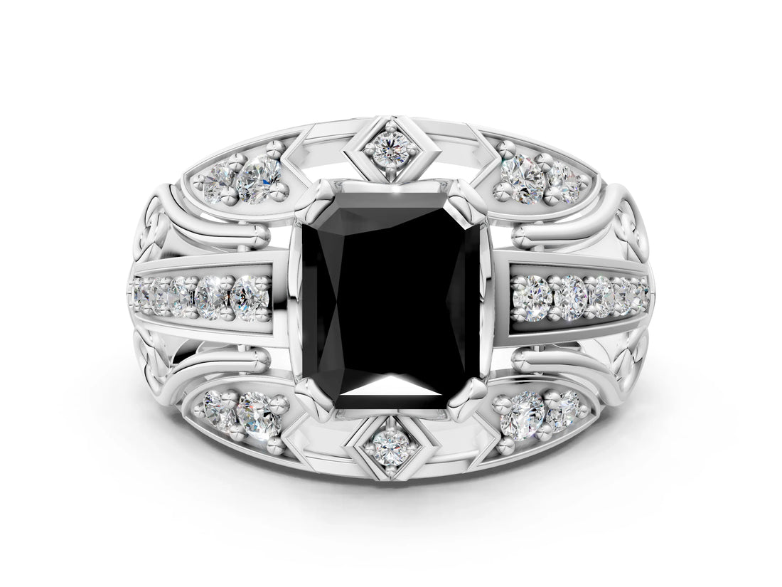 Platinum Fancy Black Radiant Cut Diamond Pave Art Deco Split Shank Ring with Four-Prong Setting_6