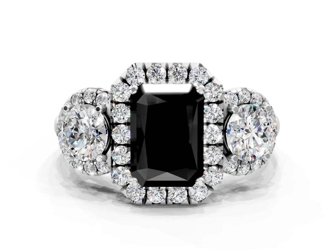 Platinum Fancy Black Radiant Cut Diamond Three-Stone Halo Ring with Prong Setting and Pavé Accents_12