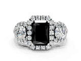 Platinum Fancy Black Radiant Cut Diamond Three-Stone Halo Ring with Prong Setting and Pavé Accents_12