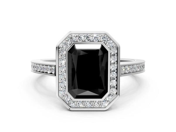 Platinum Fancy Black Radiant Cut Halo Bezel Diamond Pave Band Ring