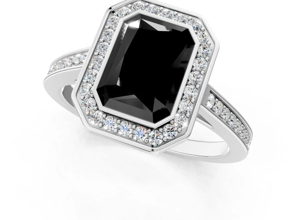 Platinum Fancy Black Radiant Cut Halo Bezel Diamond Pave Band Ring