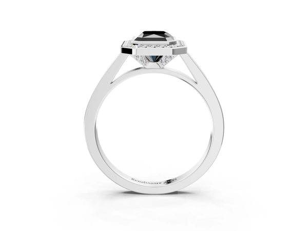 Platinum Fancy Black Radiant Cut Halo Bezel Diamond Pave Band Ring