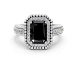 Platinum Fancy Black Radiant Cut Halo Diamond Ring with Beaded Split Shank and Four-Prong Setting_6