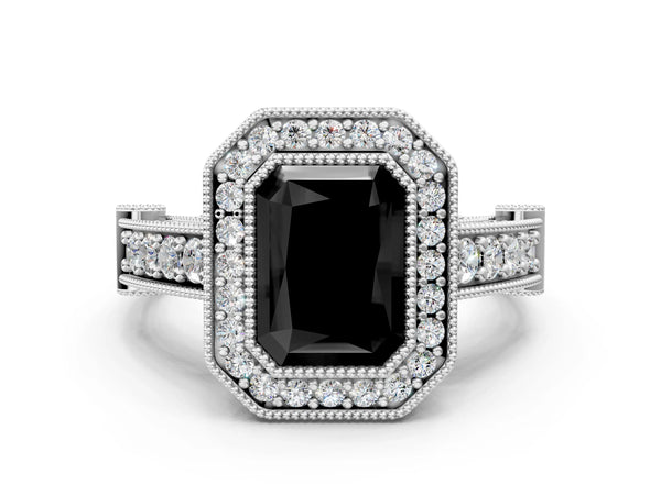 Platinum Radiant Cut Vintage Bezel Halo Engagement Ring Setting for Black Center