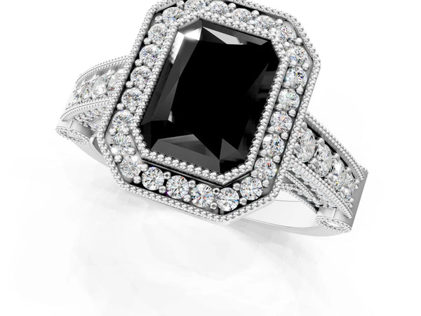Platinum Radiant Cut Vintage Bezel Halo Engagement Ring Setting for Black Center