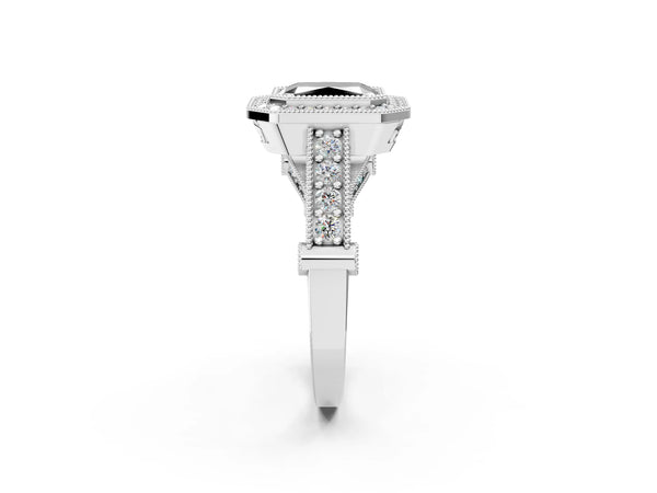 Platinum Radiant Cut Vintage Bezel Halo Engagement Ring Setting for Black Center