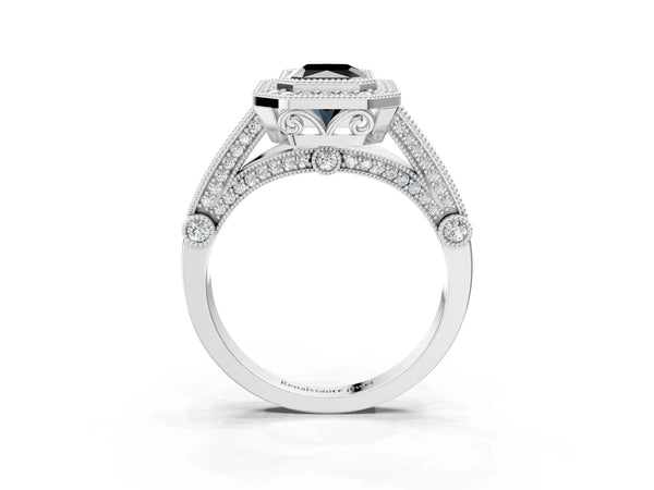 Platinum Radiant Cut Vintage Bezel Halo Engagement Ring Setting for Black Center