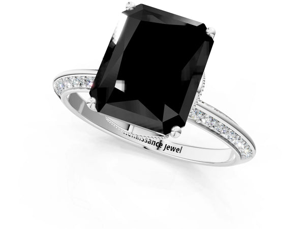Platinum Radiant Cut Graduated Pave Engagement Ring Setting for Black Center