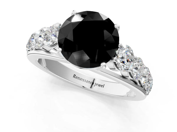 Platinum Round Engagement Ring Setting for Black Center with Graduated Accent Band and Prong Head