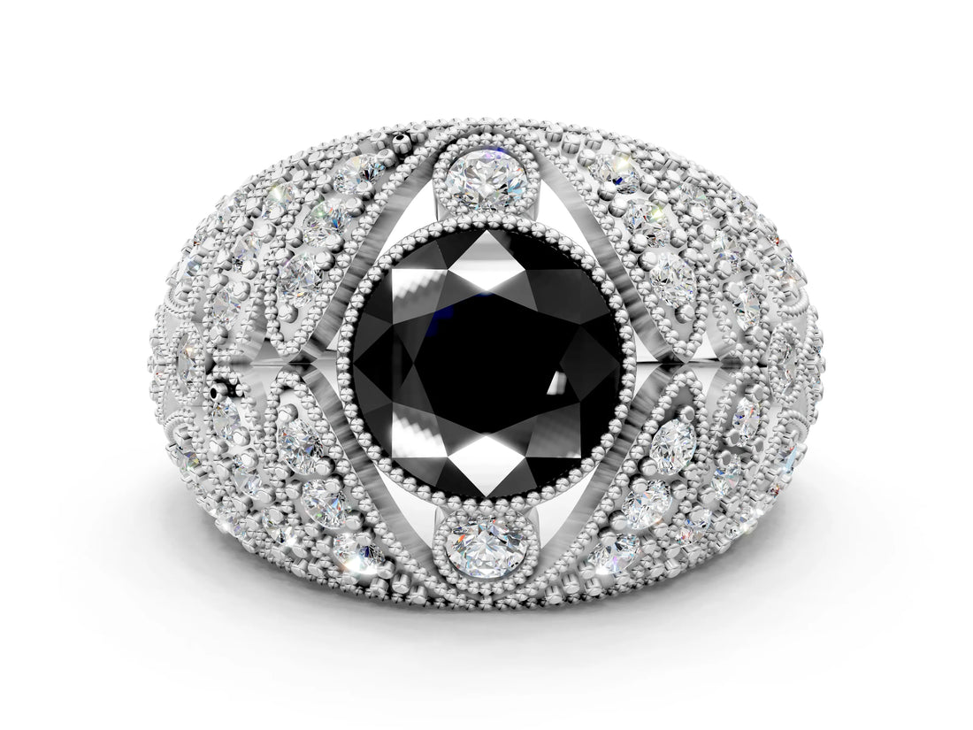 Platinum Fancy Black Round Cut Brilliant Halo Pave Diamond Milgrain Ring_12