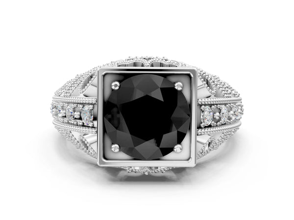 Platinum Fancy Black Round Cut Brilliant Milgrain Filigree Diamond Ring with Square Prong Setting