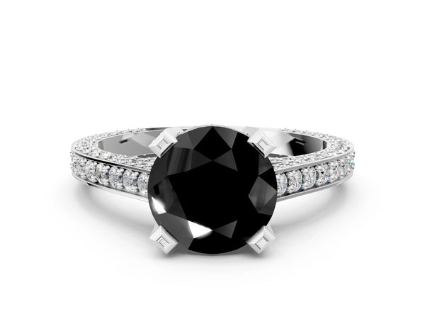 Platinum Fancy Black Round Cut Brilliant Split Shank Pave Solitaire Ring with Four-Prong Setting