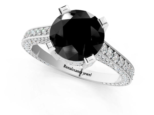 Platinum Fancy Black Round Cut Brilliant Split Shank Pave Solitaire Ring with Four-Prong Setting